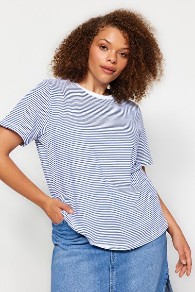 Trendyol Curve Sötétkék csíkos legénynyakú csíkos kötött póló TBBSS23BF00068