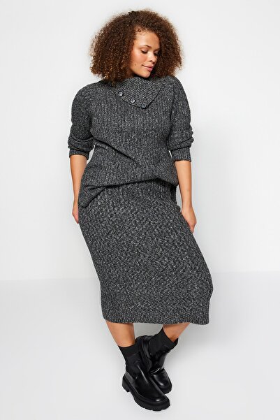 Trendyol Curve Anthracite Collar Detailed Slit Knitwear Lower Upper Set TBBAW24CP00006