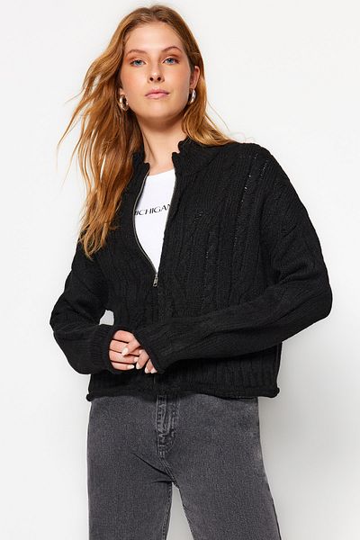 Trendyol Collection Soft Texture Black Crop Knitwear Cardigan - Zip and Hair Braid Twoaw24Hi00202