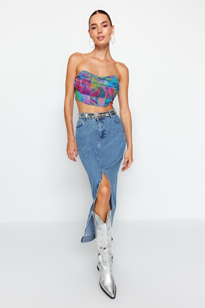 Trendyol Collection Fialová – vícebarevný tištěný tyl Bustier TPRSS23BS00104