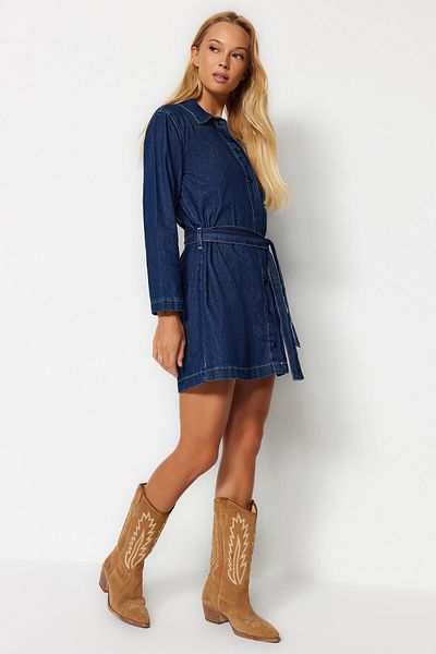 Trendyol Collection Rochie cămașă mini din denim cu curea albastru închis TWOAW24EL00450