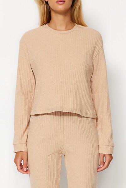 Trendyol Collection Bordázott bézs kötött pizsama szett - puha gomb THMAW21PT0696