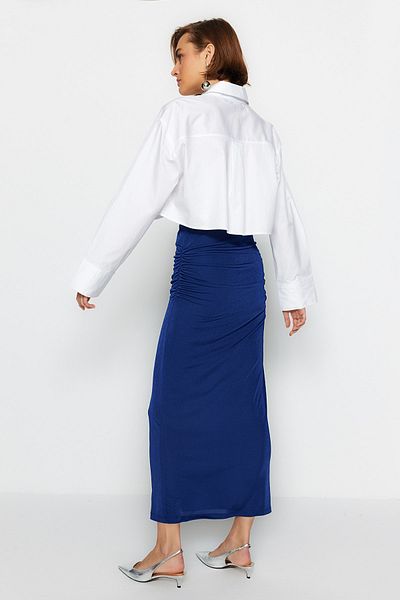 Trendyol Collection Sötétkék prémium fényes felületű és puha textúrájú, terített maxi kötött szoknya TWOAW24ET00090