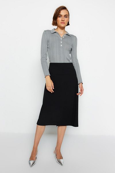Trendyol Collection Black Double Breasted Crepe Fabric Midi Knitted Skirt TWOAW24ET00128