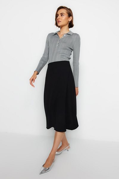 Trendyol Collection Black Double Breasted Crepe Fabric Midi Knitted Skirt TWOAW24ET00128