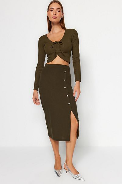 Trendyol Collection Khaki Maxi gombos részletes krepp kötött ceruzaszoknya TWOSS23ET00320