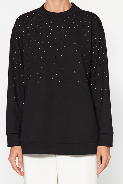 Trendyol Modest Black Stone Detailed Knitted Tunic with Side Slits TCTAW24UK00012