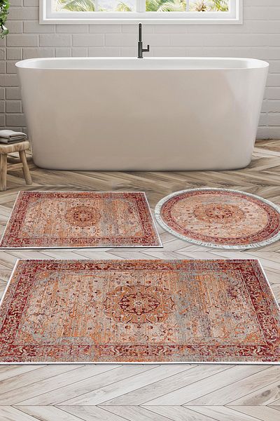 Alanur Home Eko Trend DJT Σετ 3 πλενόμενων αντιολισθητικών πατωμάτων μπάνιου P1356 Vintage Red