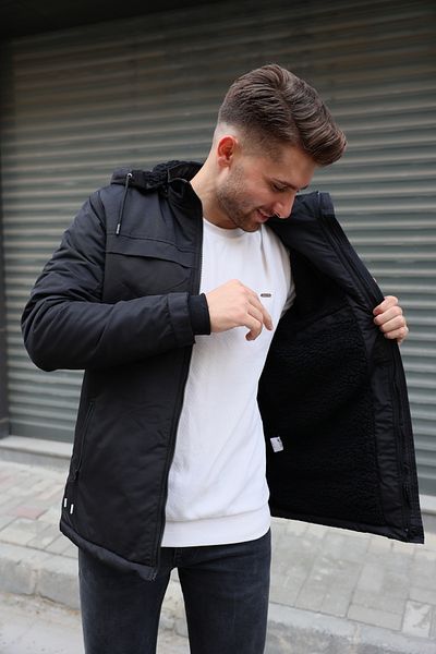 3MODA Ανδρικό μαύρο αδιάβροχο γούνινο παλτό