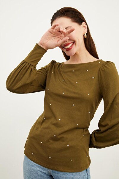 Hanna's by Hanna Darsa Women's Long Sleeve Gathered Jewel Detailed Crew Neck Blouse