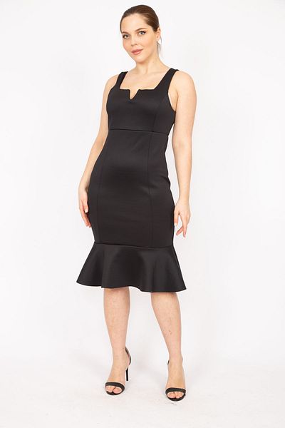 Şans Tekstil Women's Black Plus Size Skirt Flounced Collar Detailed Dress 26a35818