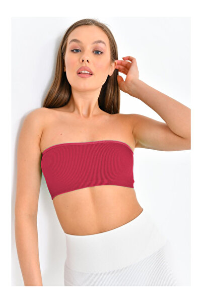 MİSTİRİK Palude Model Seamless Bondeo Crop Model Gathering Bondeo Strapless Claret Red Color