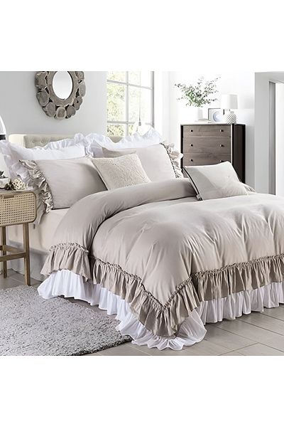 METİNEV King Size Gray White Duvet Cover Set Cotton Satin