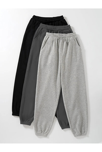 DUBU BUTİK High Waist Elastic 3-Piece Jogger Sweatpants - Black Smoke Gray