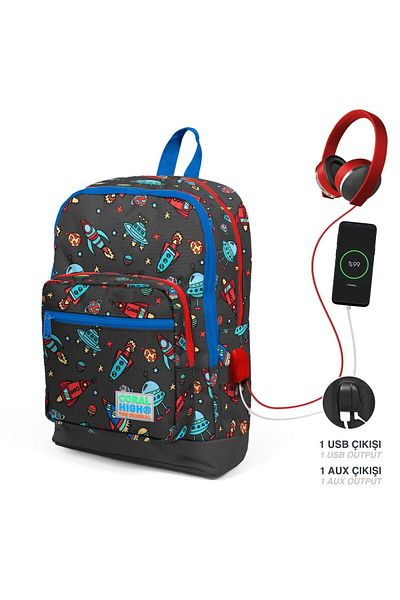 Coral High Set ghiozdan și cutie de prânz - Spațiu gri albastru pentru băieți - cu priză USB