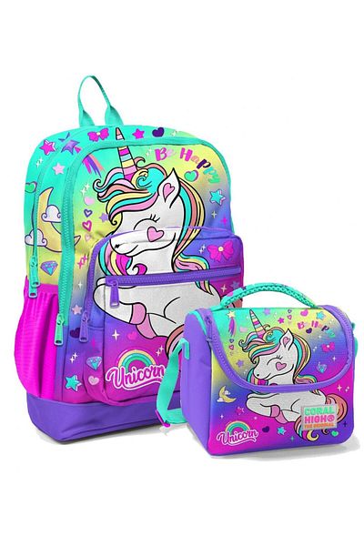 Coral High Set de rucsac și geantă de prânz pentru fete, verde apă, lavandă, unicorn