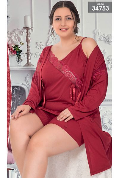 JENİKA Women's Large Size 3-Piece Shorts Set with Dressing Gown