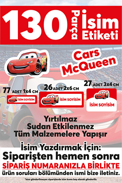 Okul Etiketi Kalem Defter Etiketi Cars Mcquenn Özel Isim Yazılabilen Etiket - 130 Adet