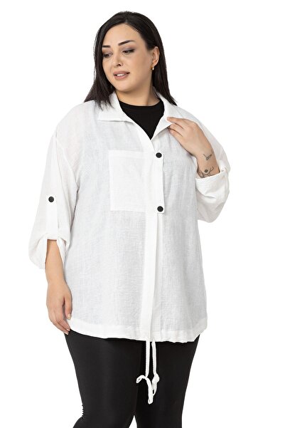 DISENTIS MODEST Λευκό μπουφάν μεγάλου μεγέθους με λεπτομέρεια τσέπης και διπλωμένα μανίκια