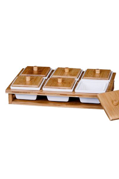 ACAR Bamboo Cover Porcelain 6 Compartment Breakfast Bowl