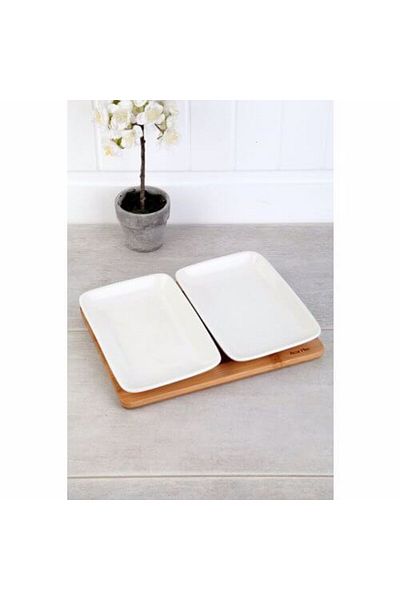 ACAR 2-Pack Porcelain Plate with Bamboo Tray