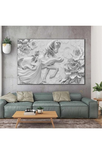CANVASUM 3d Efektli Elbiseli Kadın Beyaz At Kabartma Gül Kanvas Tablo AR030165
