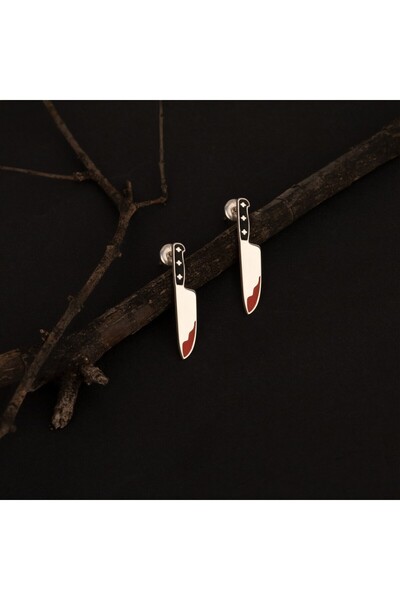 Dkmn Silver Mine Taşlı Şef Bıçak Gümüş Küpe