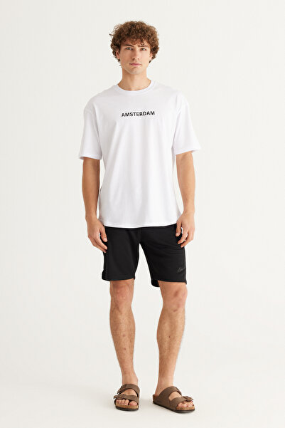 AC&Co / Altınyıldız Classics Erkek Beyaz Oversize Fit %100 Pamuk Bol Kesim Bisiklet Yaka Amsterdam Baskılı Tişört
