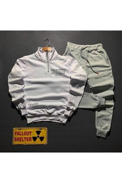MYDARKSTYLE Men's THE HAPPIEST Printed Polo Neck Half Zipper Sweatshirt