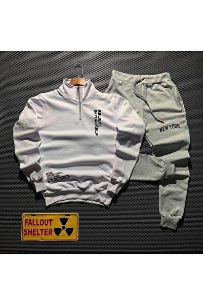 MYDARKSTYLE Men's Believe Printed Polo Neck Half Zipper Sweatshirt Tracksuit Set