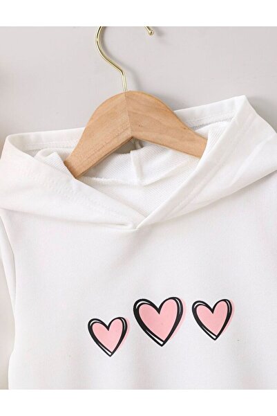 MORNİNG KİDS Детски бял суичър с качулка и щампа на розови сърца