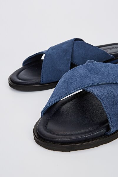 Valmenti Ανδρικές φλατ παντόφλες Lorenzo από γνήσιο δέρμα μπλε σουέντ