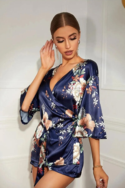 For Dreams Navy Blue Floral Patterned Women's Dressing Gown - 8330