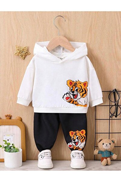 MORNİNG KİDS Dječji komplet trenerke sa kapuljačom i printom belog tigra