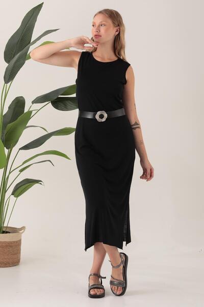 ESPİNA Women's Viscose Belted and Slit Casual Dress