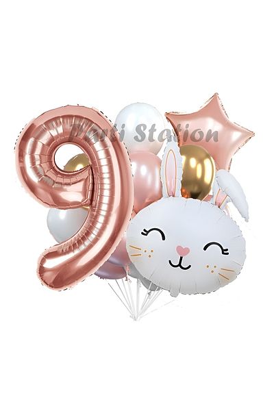 Parti Station 9 Years Old Rabbit Bunny Balloon Set - Easter Cute, Woodland Birthday Party Bouquet