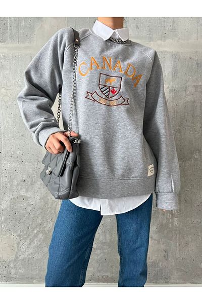 Qu Style Embroidered, Crew Neck, Oversize, Trend, Elegant, 3 Thread Raised, Women's Sweatshirt