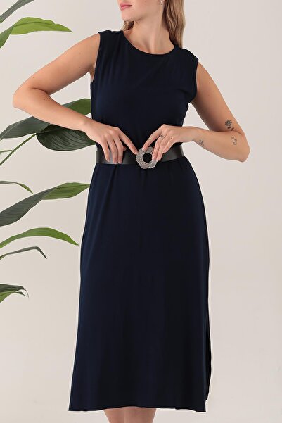 ESPİNA Kadın Viskon Kemerli ve Yırtmaçlı Günlük Elbise