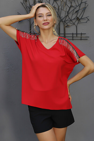 Chiccy Червона V-подібна горловина, низькі рукави, однотонна в'язана блуза