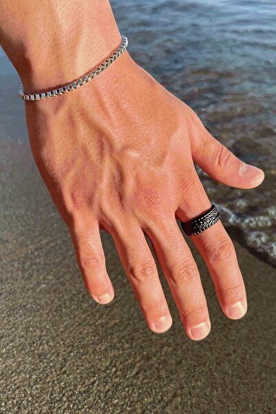 TREND COLLECTİON طقم خاتم وسوار موديل عجلة سوداء غير لامعة للرجال