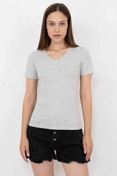 Soyo Women's Gray Cotton V-Neck Short Sleeve Blouse