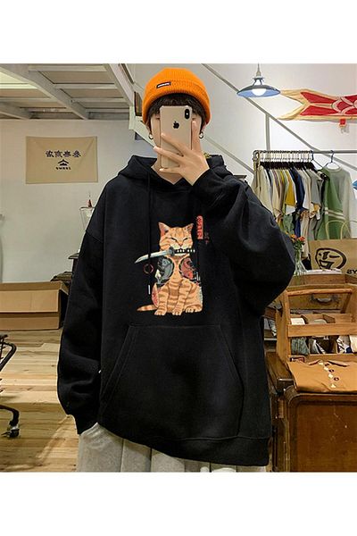 Touz Moda dompuleri fashion Killer Cat εμπριμέ μαύρο φούτερ με κουκούλα Unisex Oversize