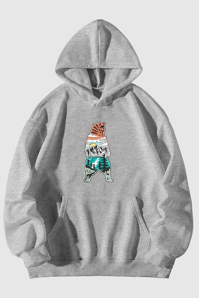 Harmandar Forest Bear Printed Unisex Gray Kangaroo Pocket Hooded Sweatshirt Hoodie