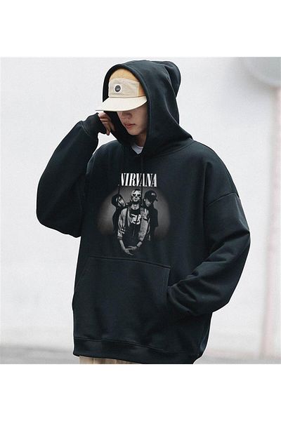 Touz Nirvana Artists εμπριμέ μαύρο μπλουζάκι Unisex Oversize με κουκούλα