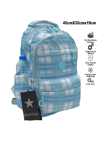 Bevitton Water Repellent Fabric School Bag Unisex School Backpack 20289 Blue Plaid