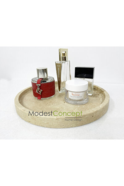 Modestmar Doğal Traverten Mermer Yuvarlak Tepsi, Banyo Düzenleyici, Sunum Tabağı