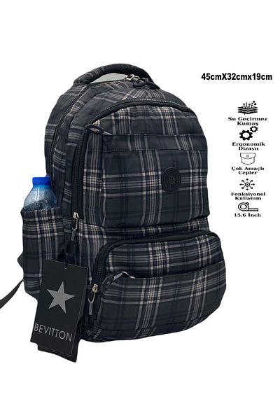 Bevitton Imported Seten Waterproof Fabric Unisex Plaid Black Backpack
