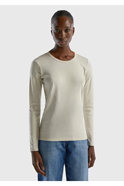 United Colors of Benetton Γυναικείο μακρυμάνικο μπλουζάκι σε μπεζ λαιμόκοψη