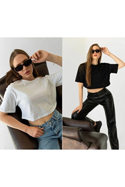 miyom Black-White 2-Piece Oversize Crop Crew Neck T-Shirt 100%-Cotton-Premium...
