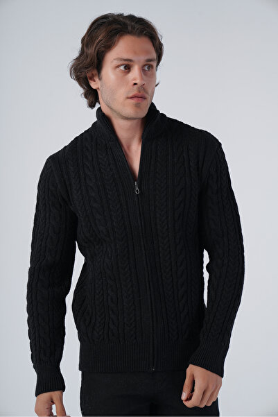 Trist Star سترة صوفية محبوكة بشعر أسود للرجال بسحاب وياقة واقفة